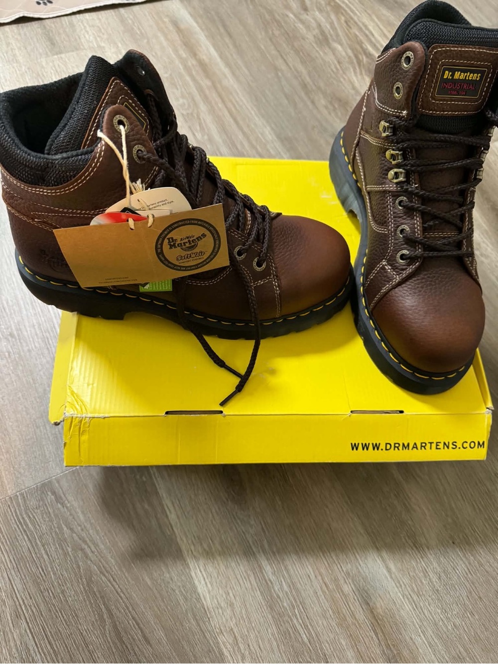 Dr. Martens Brown Leather Work Boots with Yellow Stitching